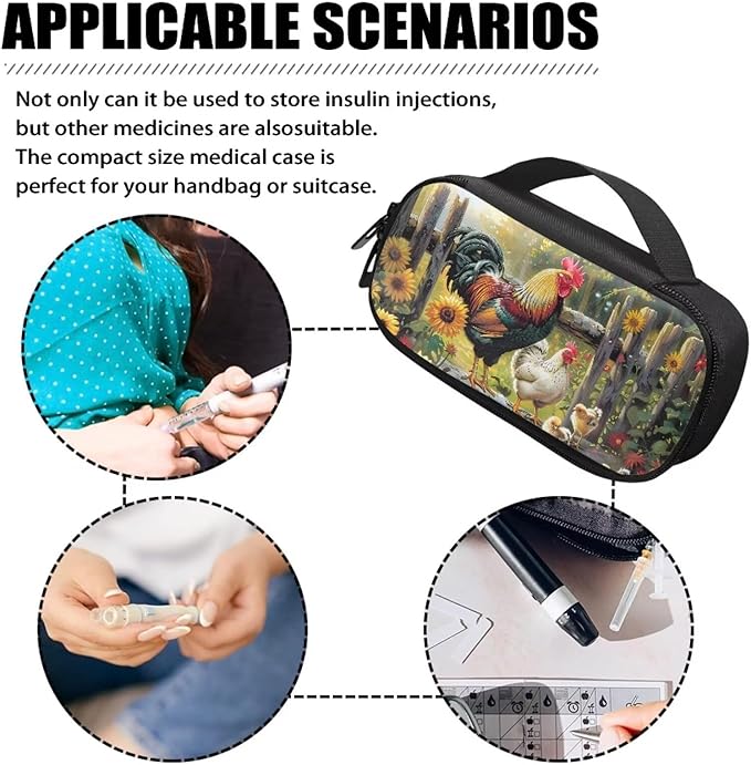 Chicken Rooster Garden Diabetic Supplies Bag Insulin Cooler Case Insulated Diabetic Medication Organizer Carrying Protector with Handle for Insulin Pen, Test Strips, Lancets, Needles