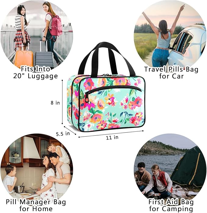 Naanle Pill Organizer Bag Travel Pill Bottle Medicine Organizer Home Storage Medication Bag for Vitamin Supplements, Watercolor Spring Flowers Empty First Aid Bag for Car Camping, 1.0 Count