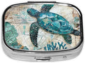 Sea Turtle Starfish Pill Organizer Ocean Nautical Map 2 Compartment Travel Pill Case Medicine Box Metal Vitamin Holder for Pocket or Purse
