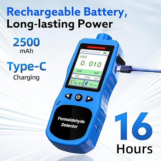 Formaldehyde Detector, Rechargeable HCHO Monitor with Vibration, Visual & Sound Alarms, Temperature Humidity Meter, Formaldehyde Air Quality Tester for Home, Work