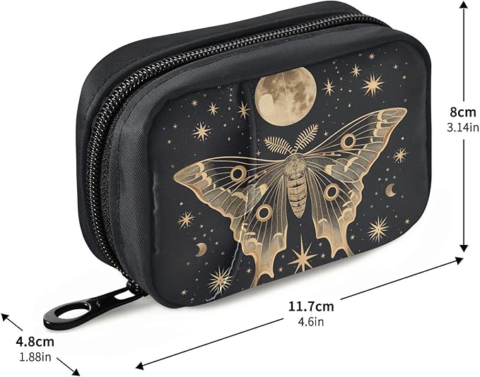 Moth Moon Pill Organizer Travel Bag Compact Twill Pouch with Insert Box & Elastic Slots for Daily Medication Gym & Hotel Use