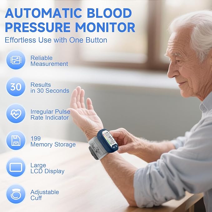 Blood Pressure Monitor Adjustable Wrist Cuff for Home Use Automatic BP Machine Large Digital LCD Display 199 Memory Batteries Included with Carrying Case, Navy