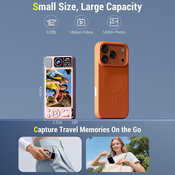 Digital Camera, 4K 64MP Cameras for Photography, 270°Flip Screen Vlogging Camera, Autofocus, Flash, 18X Zoom, 2 Batteries, 64GB Card, Point and Shoot Digital Cameras for Kids Teens, Pink