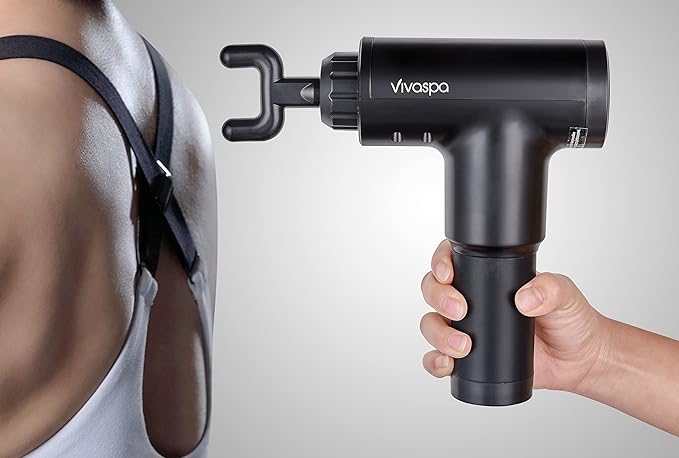 Vivitar Vivaspa Handheld Cordless & Rechargeable Massage Gun with LCD Display for Athletes, Percussive Deep Tissue Percussion Massager with 4 Interchangeable Heads and 6 Speed Modes, Black