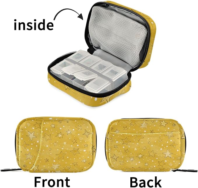 Cute Golden Stars and Dots Travel Pill Organizer Case Box Container Weekly Portable Vitamin Medicine Holder Storage Bag with Zipper Removable