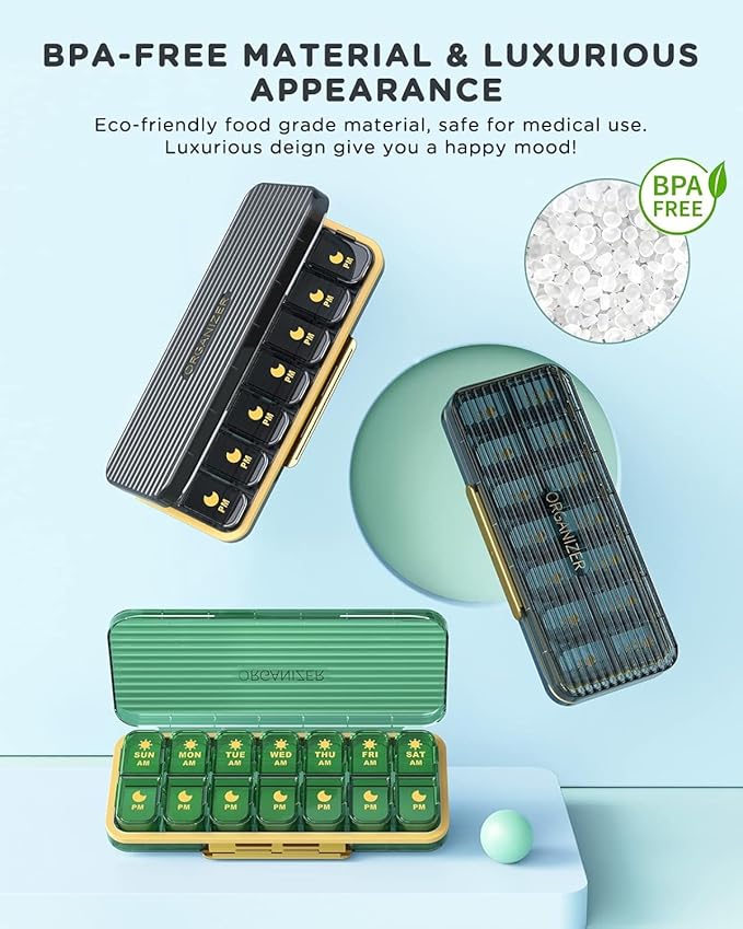 Pill Organizer 2 Times A Day, 7 Day Am Pm Pill Box - Acedada Weekly Pill Organizer Twice A Day, Portable Removable Daily Medicine Container Dispenser Case for Vitamin Fish Oil Supplement, Black Grey