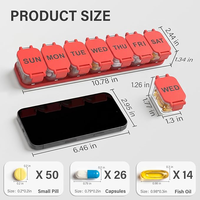 Extra Large Weekly Pill Organizer - Waterproof 7-Day Pill Box, Portable Vitamin & Supplement Case, Easy to Open Design, Ideal for Travel a nd Daily Medication Management (Red)