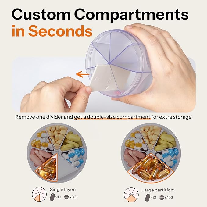 Betife Cute Pill Dispenser with 7 Extra Large Compartments, XL Portable Pill Bottle Organizer 7 Day with Wide Opening for Easy Use, Anti-Mix Pill Organizer for Travel, BPA-Free Large Pill Container