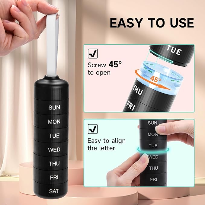 Betife Cute Pill Organizer, Cute Weekly Pill Box for Travel, Cute Daily Pill Case 7 Day, with 7 Large Stackable Compartments, Sturdy ABS Pill Holder for Vitamin Supplement Medicine (Black)