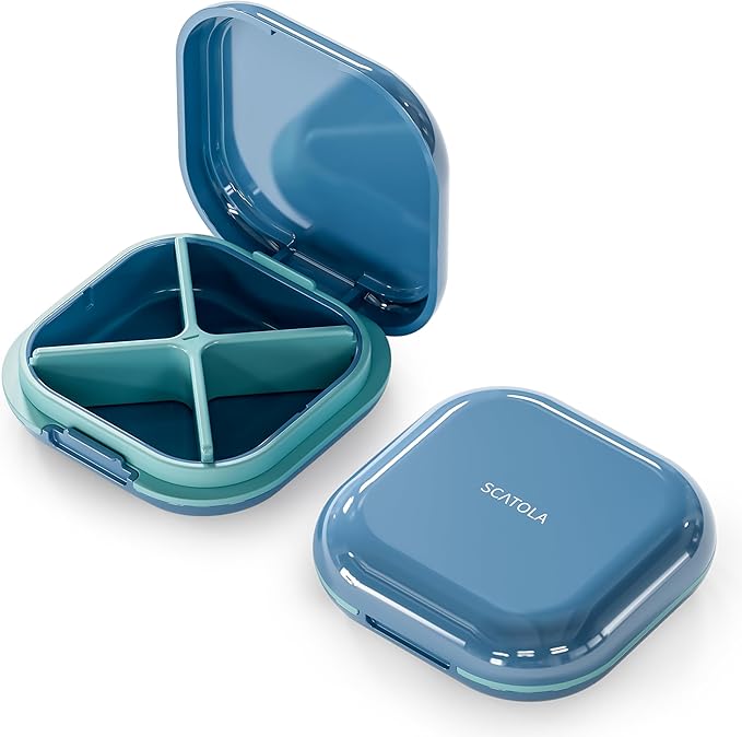 Small Pill Case, Travel Pill Organizer, Small Pill Box, Pill Container for Purse 4 Compartments, Daily Compact Travel Medicine Holder for Vitamins Medication (Blue)