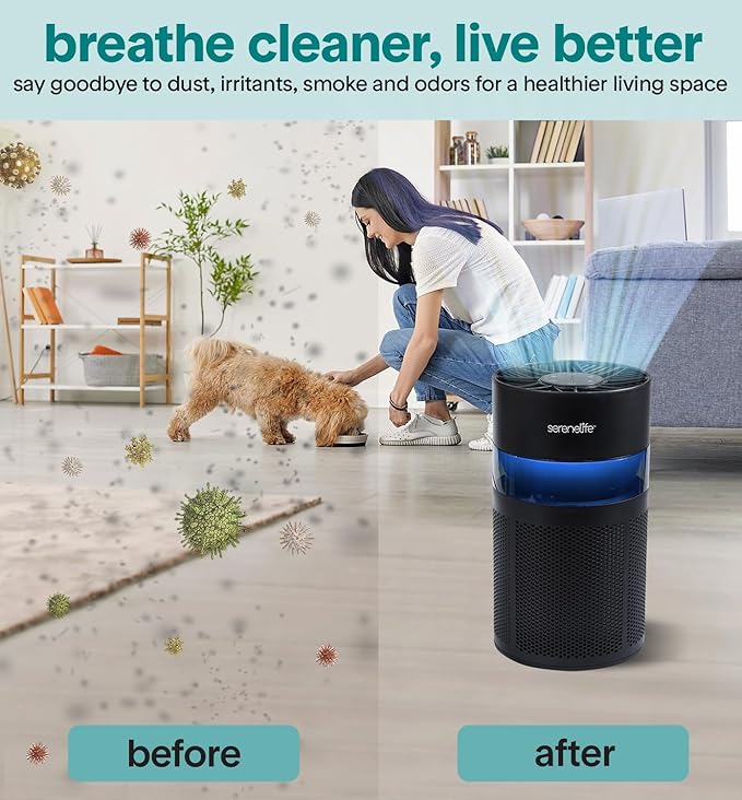 SereneLife Portable Air Purifier | Small Air Purifier For Home, Allergies, Pet Hair & Bedrooms | Filter Change Reminder & Aroma Box | Filtration Removes Dust, & Smoke Odor | Timer & Sleep Mode | Black