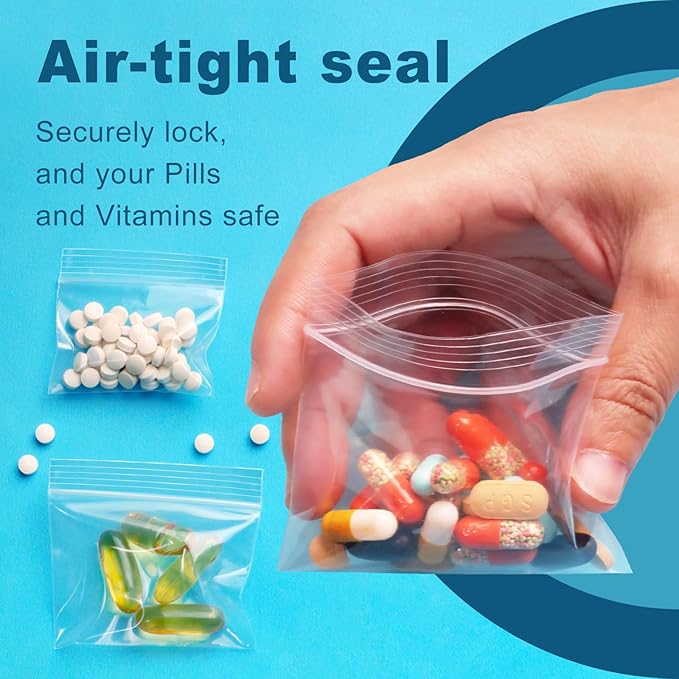 300 Pack Small Pill Bags, 6 mil Sturdy - 3 Assorted Sizes: 2x1.85'', 2.5x2.25'', 3x2.75'' Clear Zip Bags, Reusable Pill Pouch Bags for Travel, Storage, Jewelry & Craft Pieces