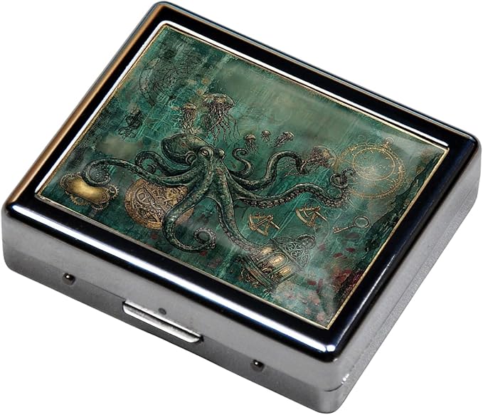 7 Days Chromed Shiny Silver Pill Organizer with Mirror Inside Has 8 Separate Compartments Rectangle Cute Travel Pill Organizer for Purse 7 Days (Dark-Colored Octopus)