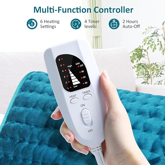 Heating pad for Back/Shoulder/Neck/Abdomen, Electric Heating Pads with 6 Fast Heating Settings, Auto-Off, Soft Machine Wash Fabric, Birthday Gifts for Women Mom, Extra Large 12"x24", Blue