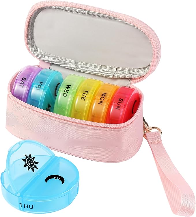 Weekly Pill Organizer 2 Times a Day, Travel Pill Box 7 Day with Large Opening, Pill Case with Handle, Pill Dispenser Medicine Organizer for Vitamins, Fish Oils, Medications, Supplements (Pink, Small)
