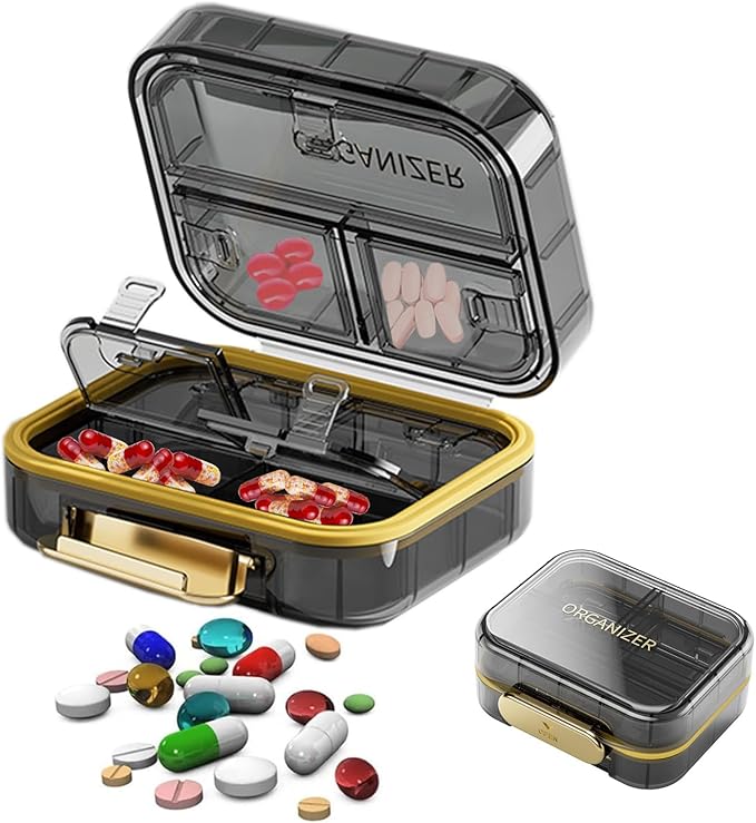 Daily Pill Organizer,7 Compartments Portable Travel Medicine Organizer,Moisture Proof Pill Case,Foldable Pill Box for Purse Pocket to Hold Vitamins,Cod Liver Oil,Supplements Medication (Black)