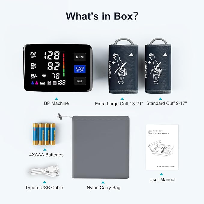 Blood Pressure Monitor, 9-17'' & 13-21'' Extra Large Blood Pressure Cuff Upper Arm, LED Color Backlit Screen Automatic Digital Blood Pressure Machine with USB Cable and 4 AAA Batteries