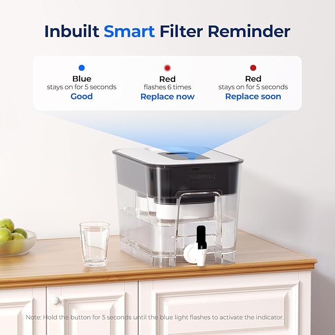 Waterdrop 40 Cup Dual Filter Dispenser, 8X Faster Filtration, 400-Gallon Lifespan, Water Filter Dispenser for Home/Office, 2 Built-in Filters, 10X Longer Lifetime, Reduces Chlorine, PFOA/PFOS, Black
