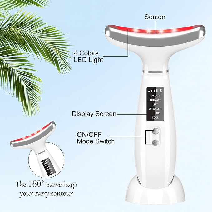 Red Light Therapy for Face and Neck, Portable Face Massager Tool with Vibration, 4 Color LED Facial Light Therapy Device for Skin at Home, Micro-Current Vibration Facial Cold and Hot Service