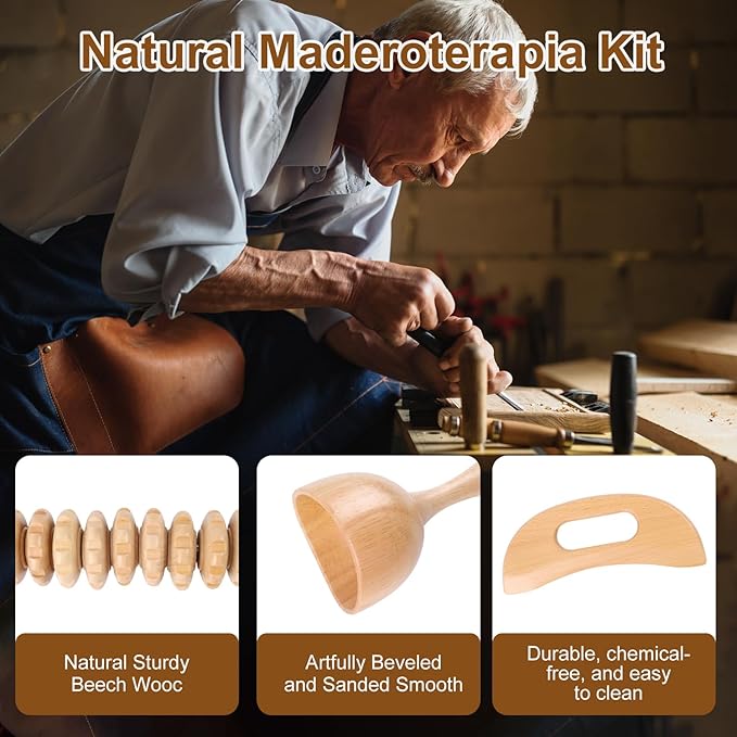 7-in-1 Wood Therapy Massage Tools for Body Sculpting & Lymphatic Drainage - Professional Maderoterapia Kit, Natural Wooden Therapy Tools for Cellulite Reduction