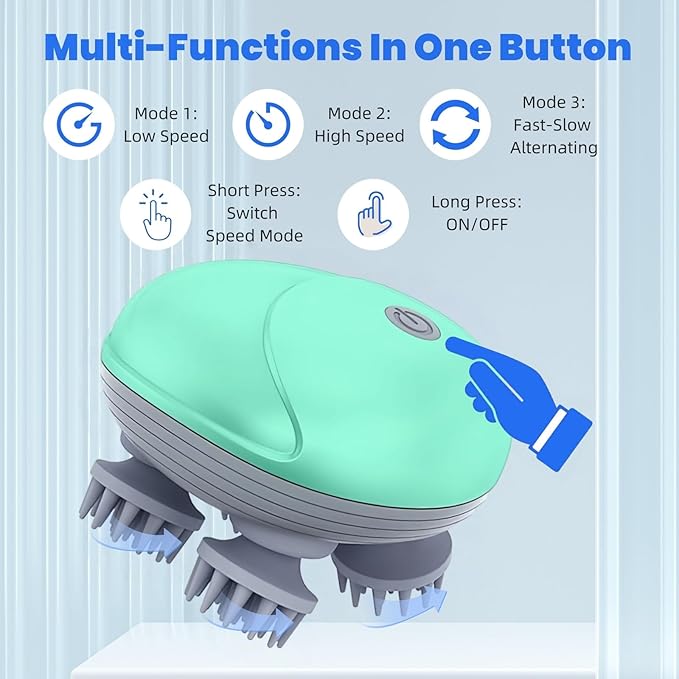 Electric Scalp Massager for Men Women, Handheld Cat Dog Pet Head Massager with 4 Massage Heads, 3 Speeds, Waterproof, for Hair Growth, Soothing Muscles Joints, Stress Relax(Green)