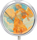Angel Holding Sword Pill Box Travel Pill Case for Purse Pocket Weekly Medicine Organizer with Mirror 3 Compartment Round Medicine Case Portable PillcaseHolder for Daily