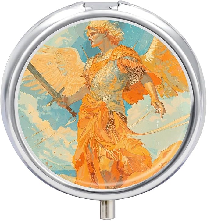 Angel Holding Sword Pill Box Travel Pill Case for Purse Pocket Weekly Medicine Organizer with Mirror 3 Compartment Round Medicine Case Portable PillcaseHolder for Daily