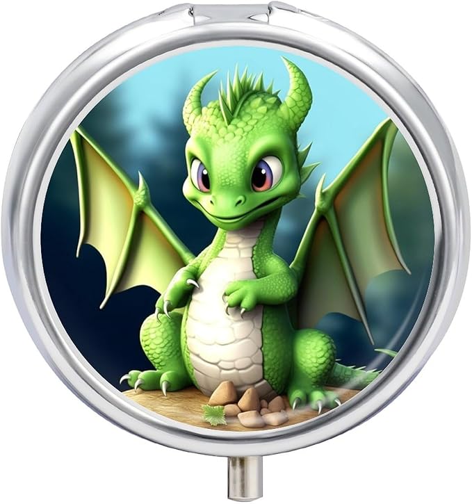 Dragon Cute Pill Box Travel Pill Case for Purse Pocket Weekly Medicine Organizer with Mirror 3 Compartment Round Medicine Case Portable PillcaseHolder for Daily