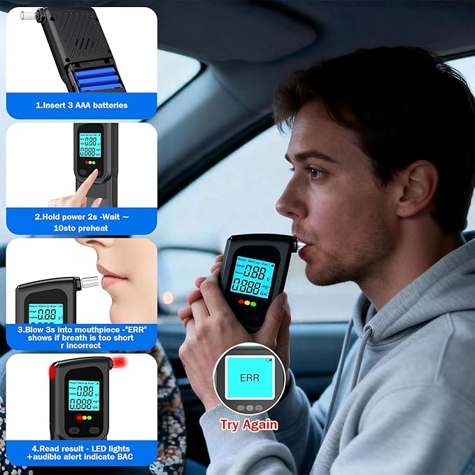 Breathalyzer, LCD Digital Alcohol Tester with 20 Mouthpieces - Portable & Easy to Use for Personal, Home, and Party Safety High Accuracy Breath