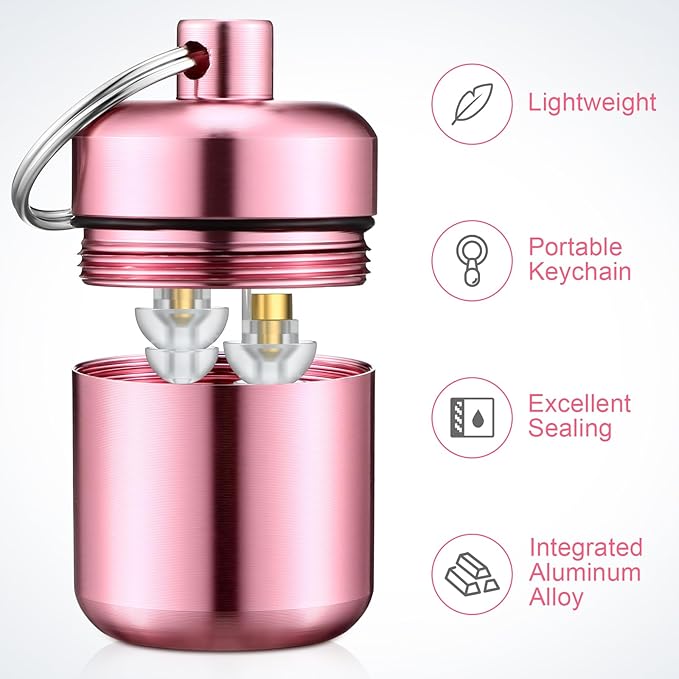 Hicarer 4 Pack Ear Plug Carrying Case, Waterproof Metal Ear Plug Holder with Keychain, Portable Small Pill Case Container for Earplugs, Jewelry, Pill Organizer for Travel or Sports(Pink, Matte Gray)