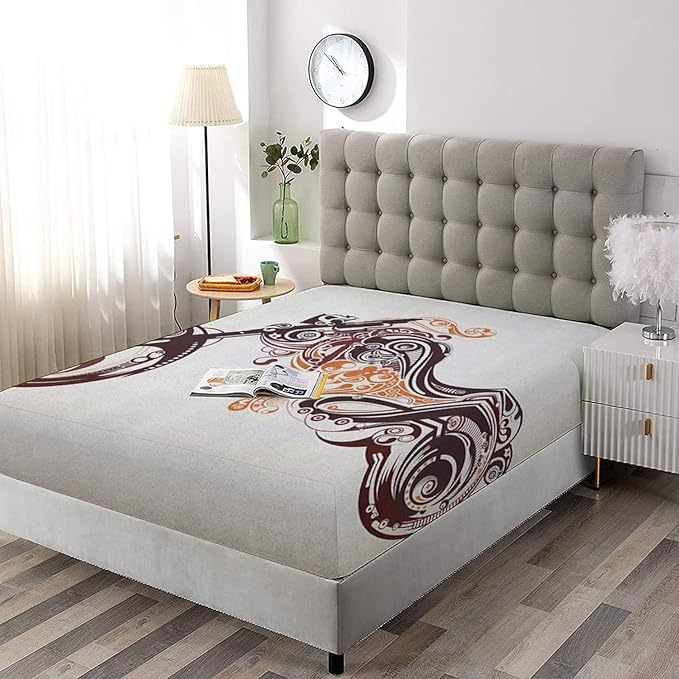 Decorative Bedding Sheet Set Twin XL Size, Manly Deep Pockets Fitted Sheet & 2 Pillow Sham Set, Motorbike Shape with Curvy Lines Floral Ornamental Print Microfiber 3pc Bed Sheets Set