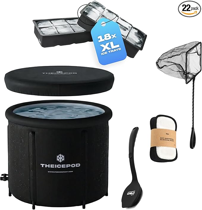 The Pod Company Cold Plunge Ice Bath Bundle – 84-Gallon Portable Ice Pod with Insulated Lid, 18 Reusable Ice Bricks & Cleaning Kit for Home Recovery & Wellness