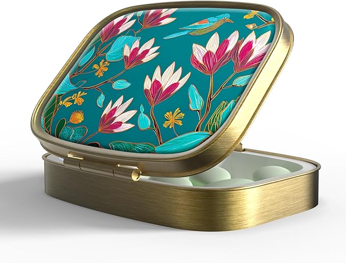 Small Pill Box Pill Case with Mirror Retro Pocket 2 Compartment Pill Holder for Purse or Pocket Bronze Portable Medicine Vitamin Container Fish Oil and Supplement Storage BPA-Free(Line Art Flowers)