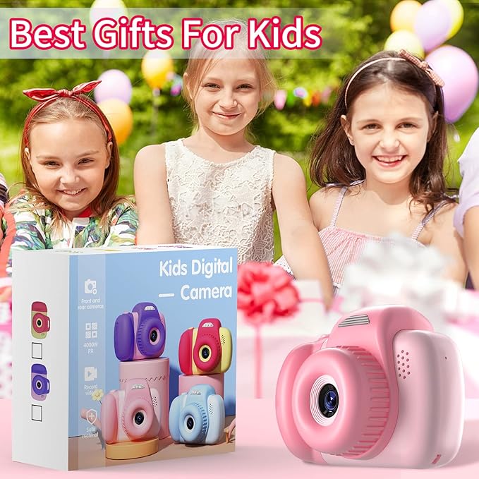 48MP Digital Dual Camera for Kids, 3-12 Years Old, with 2.0 Inch IPS Screen, 32GB SD Card, 1080P HD Video, Perfect for Toddler Birthday Gifts (Pink)