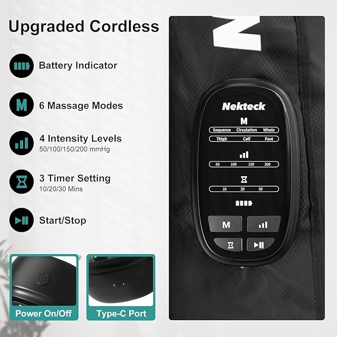 Nekteck Leg Compression Massager Recovery System, Cordless Foot and Leg Massager for Circulation and Pain Relief, Rechargeable Compression Boots with 6 Modes 4 Intensities, Legs Relaxation