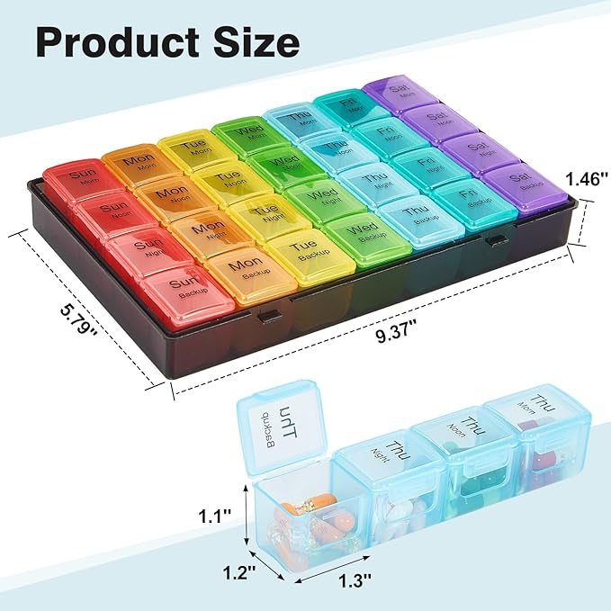 Large Weekly Pill Organizer, 4 Times a Day, 7-Day Moisture-Proof Pill Box with 28 compartments, Capable of Accommodating Large Amounts of Vitamins, Supplements, Fish Oil, and Medicine (Gray Rainbow)