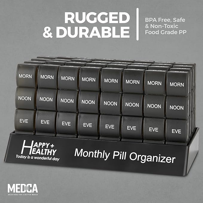 Month Pill Box Organizer - 4 Times-a-Day Morning-Noon-Evening-Night - Large 32 Daily Pill Cases with Compartments for Vitamins, Supplements, Medication -Travel Monthly Pill Organizer, Black
