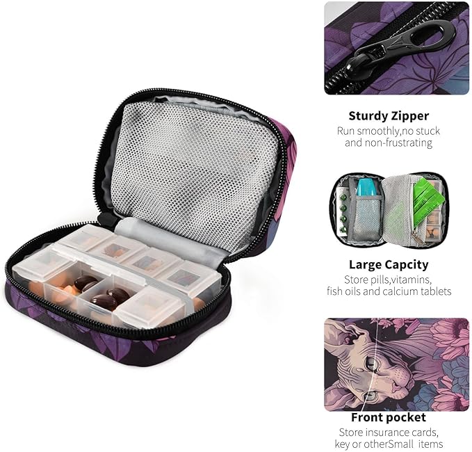 Sphynx Cat Travel Medicine Organizer Bag Compact Pill Case with Inner Compartments & Secure Zipper for Women Men Seniors