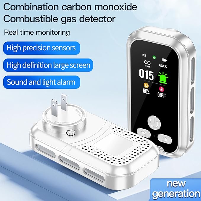 4IN1 Plug in Natural Gas & Carbon Monoxide Detectors Combination Builti-in 2000 mAh Backup Battery HD Screen [Propane Methane Gas CO Temp Humidity Sensor] Alarm for Home Hotel RV (White)