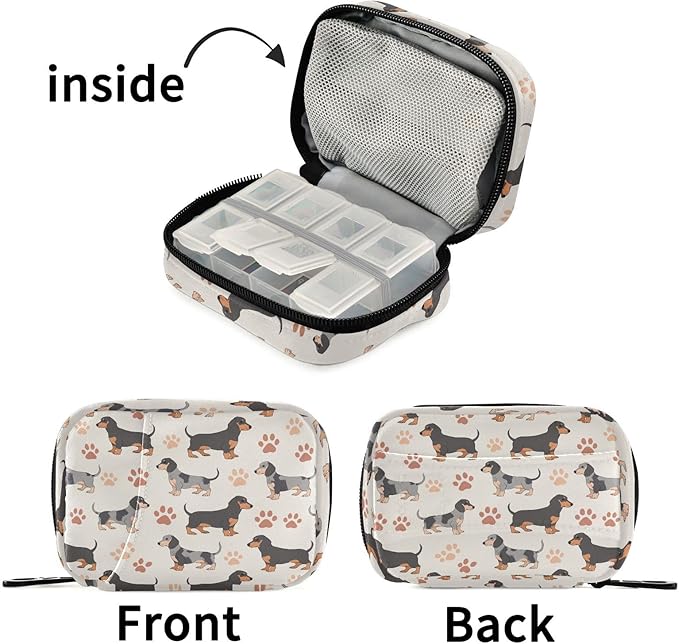 Fustylead Cute Cartoon Dachshund Dogs and Paw Prints Pill Organizers 2 Times A Day Pill Case Bag with Zipper Portable Weekly Pill Dispensers for Vitamin Supplement