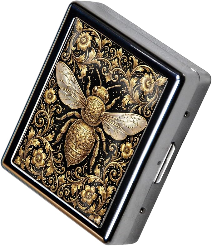 Metal 7 Day Pill Organizer, Cute Small Weekly Pill Case with 8 Compartments for Travel, Moisture-Proof Medicine Holder for Purse, Compact Daily Vitamin Box (Golden Bee Baroque)