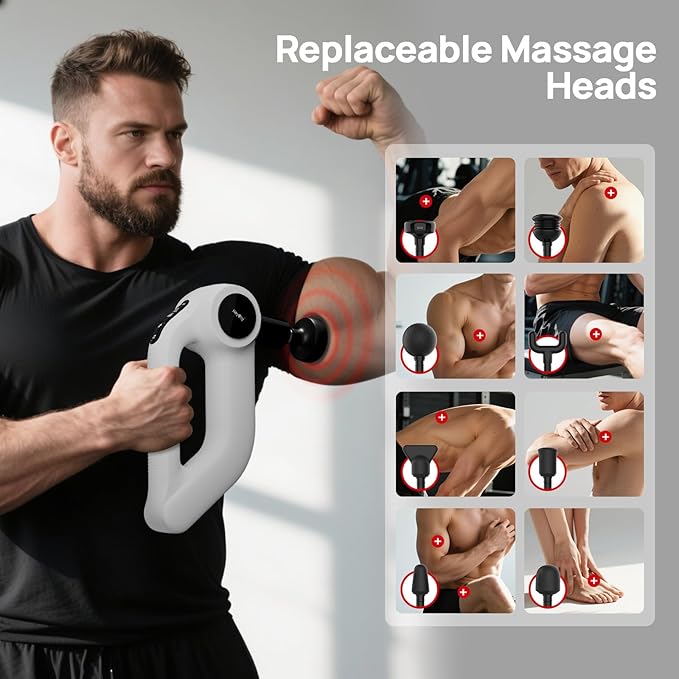Massage Gun with Heat - Deep Tissue Percussion Massager for Pain Relief, 12mm Amplitude, 5 Speeds & 8 Attachments, Ideal for Muscle Recovery, Back Shoulder Leg - Gift for Athletes, Men, Women (White)