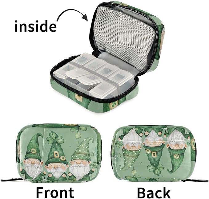 Travel Pill Case Gnomes with Shamrock Flowers Weekly Small Pill Box 7 Day Pill Box Pill Organizer Bag