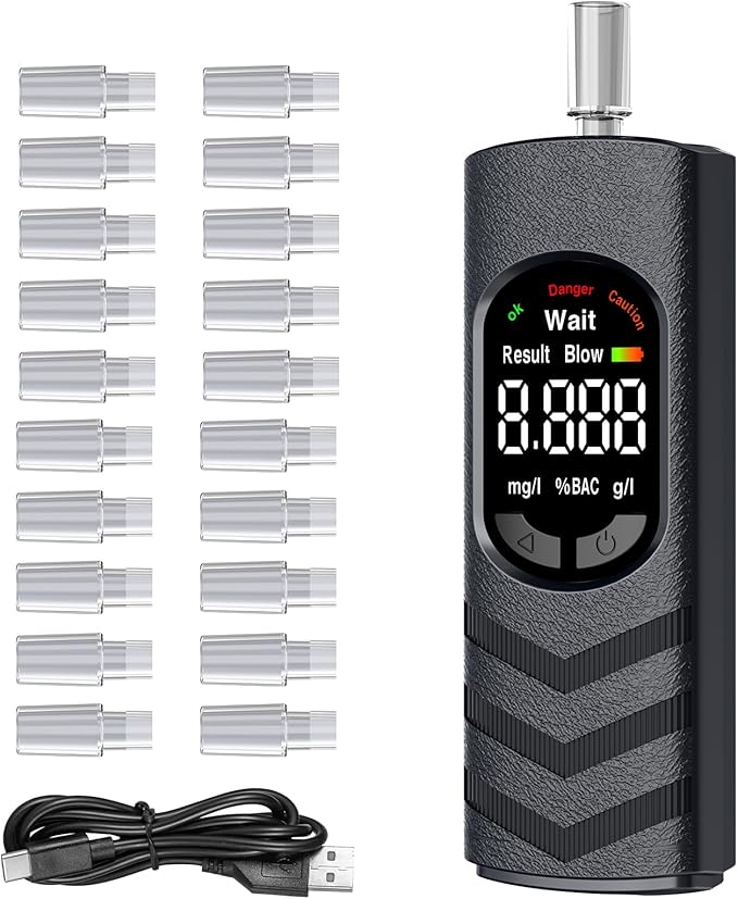 Breathalyzer Alcohol Tester, USB-C Rechargeable Breath Alcohol Tester with Color LCD Display, Semiconductor Sensor, 20 Mouthpieces, Portable Pocket Device for Home, Parties, Car Safety Checks Grey