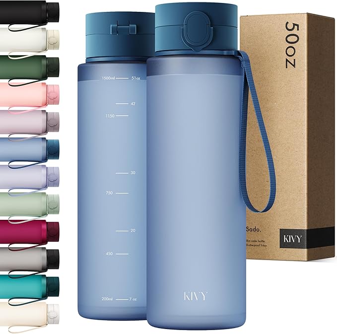 KIVY Slim Water Bottle 50oz with Leakproof Flip Lid [Lightweight & Shatterproof] Fits Backpack & Cupholder for Travel, Sports, School - Extra large water bottle no straw - 1.5 Liter water bottles