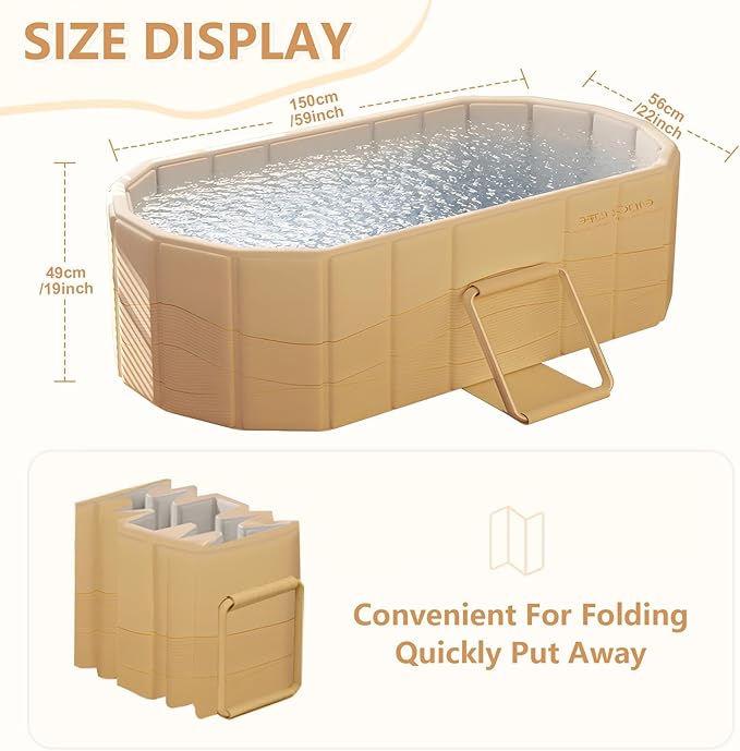 Gets 59" XXL Oval Ice Bath Tub For Athletes,Portable Bathtub for Adults Foldable Soaking Standing Hot Bath Tub for Shower Stall,Separate Family Bathroom SPA (Golden,59"×22"×19")