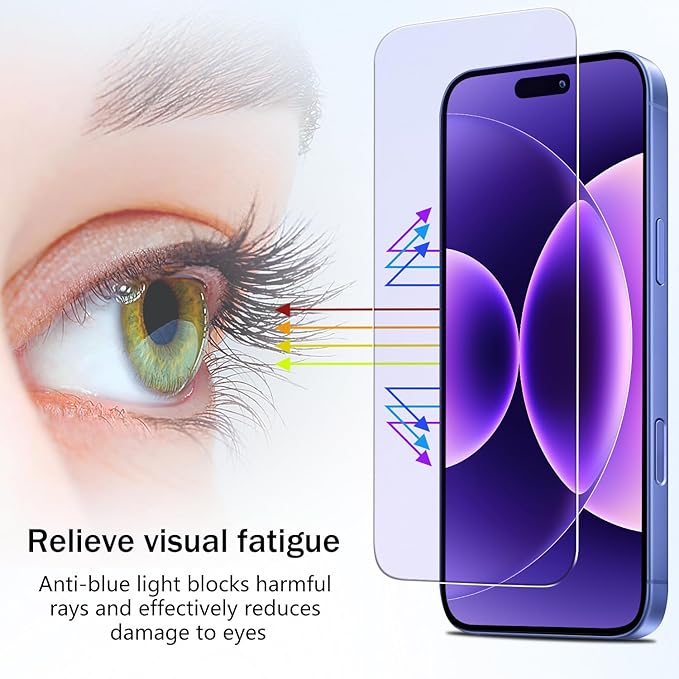 HPTech 2 Pack Anti Blue Light Screen Protector for iPhone 16 / iPhone 15 Eye Protection Tempered Glass Film, Easy to Install, Bubble Free