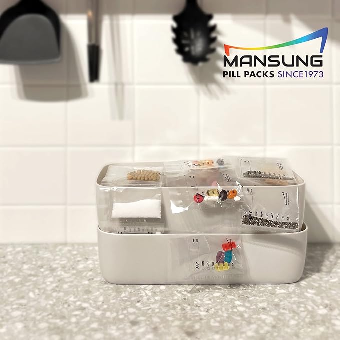 Mansung M 600 Bags/Blank, Heat Seal Pill Bag pouche Pack Sealed for Medicine Funnel Tray Loading AM PM Organizer Dispenser kit Daily Sealing Filler Vitamin sorter envelopes Machine Blister Packs