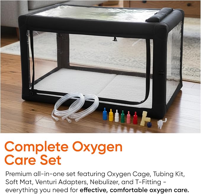Oxygen Therapy Cage for Pets – Veterinary Oxygen & Nebulizer Chamber for Dogs, Cats, Puppies, Sheep – Portable Oxygen Concentrator with Tubing Kit, Soft Mat, Venturi Adapters, Nebulizer, T-Fitting