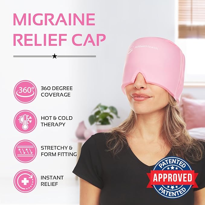 Migraine Relief Cap Ice Head Wrap Headache and Migraine Hat | Headache Relief with Hot/Cold Gel Head Ice Pack with Face and Eye Headache Mask Compress, Pink